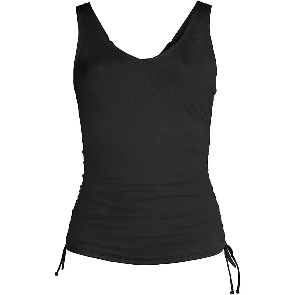 Lands' End Tankini Swimsuit Top Sz 2 Black V Neck Adjustable Side Shirring NWT
